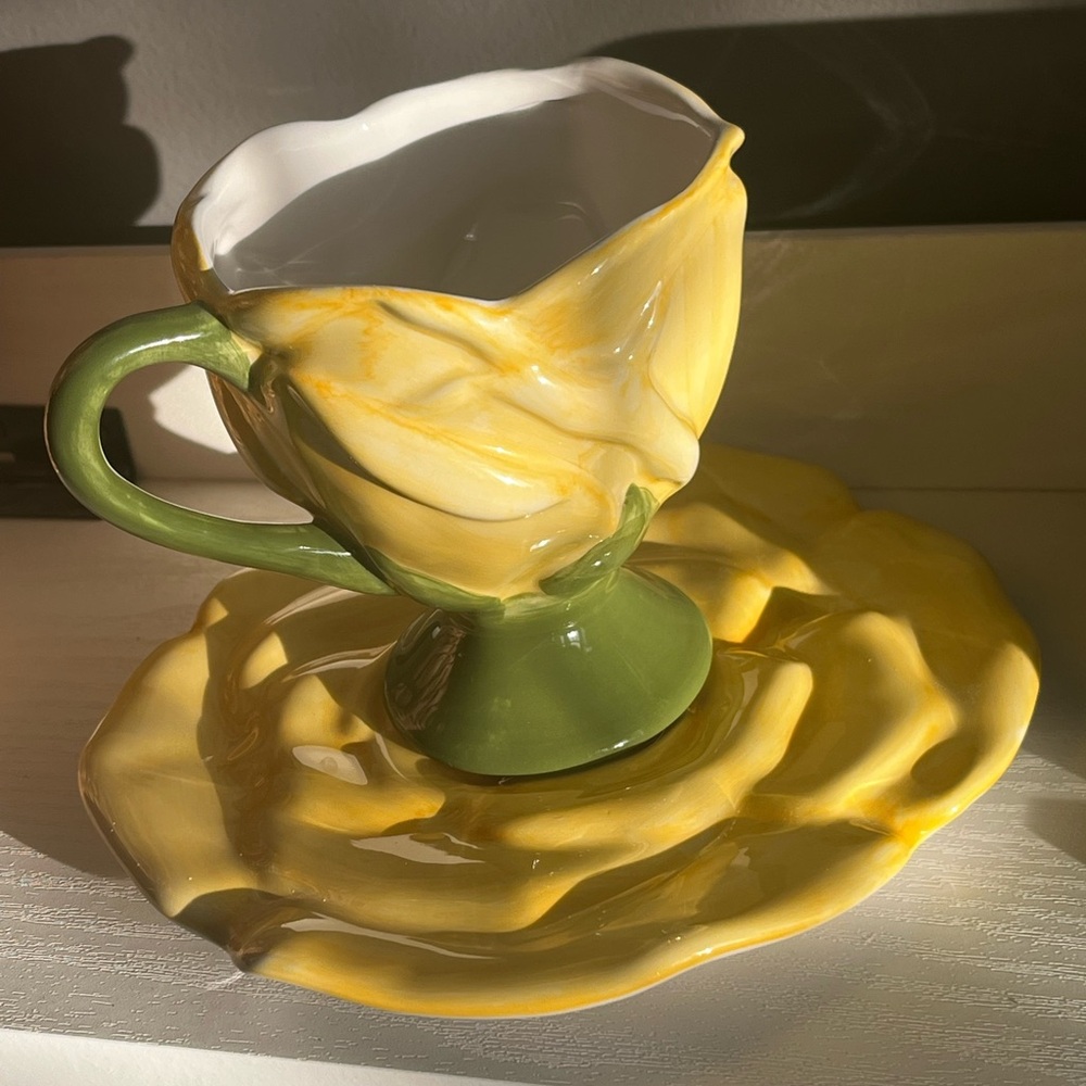 Yellow and Green Floral Ceramic Mug with Saucer